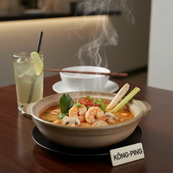 Aromatic Tom Yum soup with fresh herbs