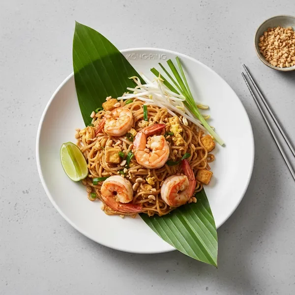 Classic pad thai noodles with traditional garnishes